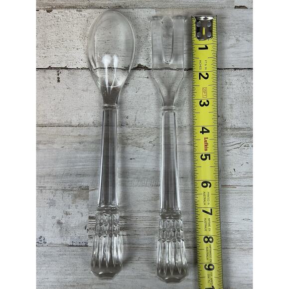 VINTAGE Glass Crystal Salad Server Set Spoon Fork 9.5" Faceted Handle Pair - Picture 3 of 3